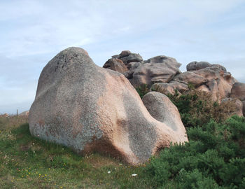 Rock formation on field against sky