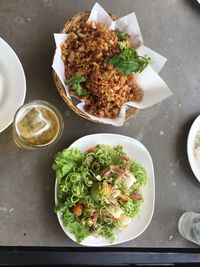 High angle view of food served on table