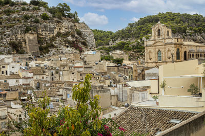 Aerial landscape of scicli with beautiful historic buildings in the baroque style