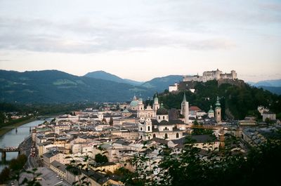 High angle view of buildings in city