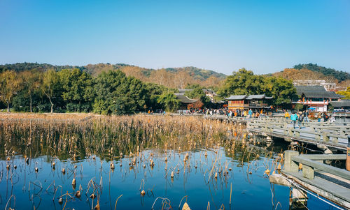 Scenic view of lake against clear blue sky