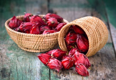 Close-up of red chili peppers in basket on table