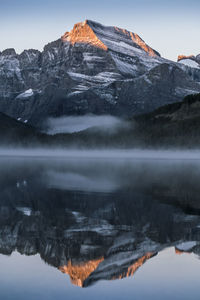 Scenic view of lake and mountains against clear sky