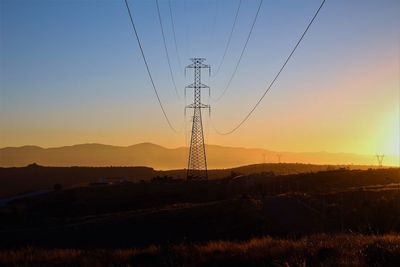 Silhouette electricity pylon on field against sky during sunset