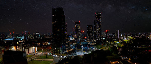 Aerial shot of manchester, uk at night.