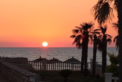 Palm trees on beach against clear sky at sunset