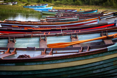 High angle view of boats moored in lake