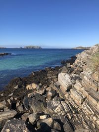 Scenic view of sea against clear blue sky