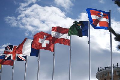 Low angle view of flag flags against sky