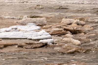 Different ice formations on rocks on the seashore, ice texture, wind, water and ice working together
