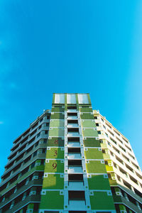 Low angle view of modern building against clear blue sky