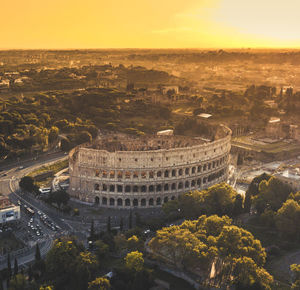 High angle view of cityscape during sunset