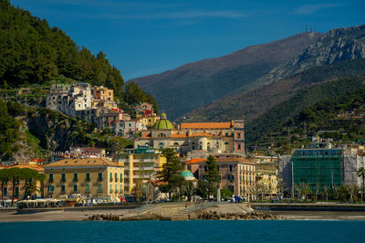 April 15 2022-amalfi coast italy view from the ferry of the city with the sea in the foreground 