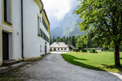 Footpath amidst houses and trees against sky