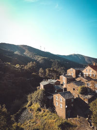 High angle view of buildings against clear sky