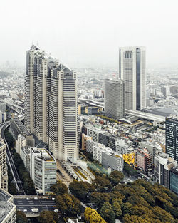 High angle view of buildings against sky