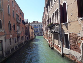 Canal passing through buildings against sky