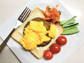 High angle view of breakfast served in plate