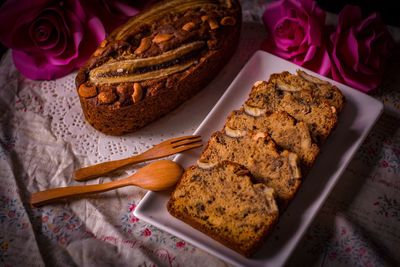 High angle view of fruitcake in plate on table