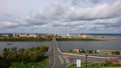 High angle view of bridge in city against sky