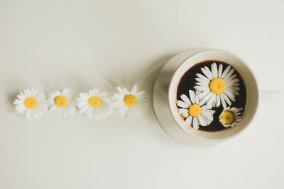 Fresh morning coffee with daisies