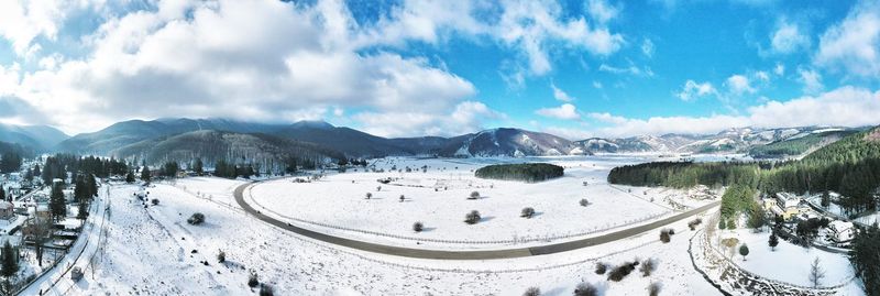 Panoramic view of snowcapped mountains against sky