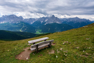 Scenic view of field and mountains against sky