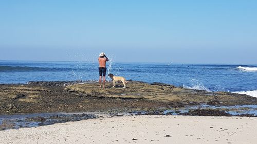 Rear view of man on beach against sky