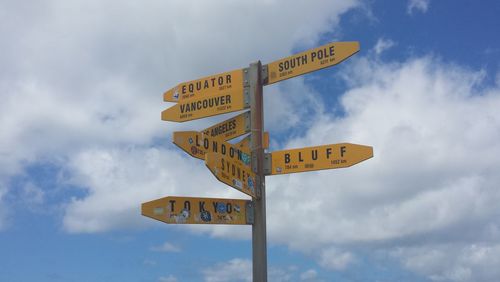 Low angle view of directional signs against sky