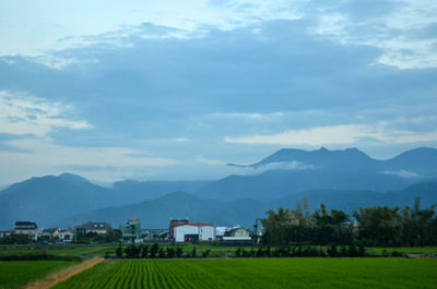 Houses on field by mountains against sky