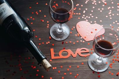 High angle view of wine glasses on table