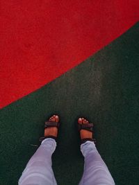 Low section of man standing on red shoes