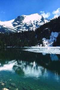 Scenic view of lake by snowcapped mountains against sky