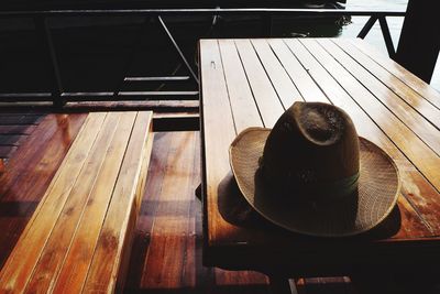 High angle view of hat on table