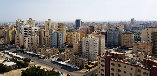 High angle view of buildings against clear sky