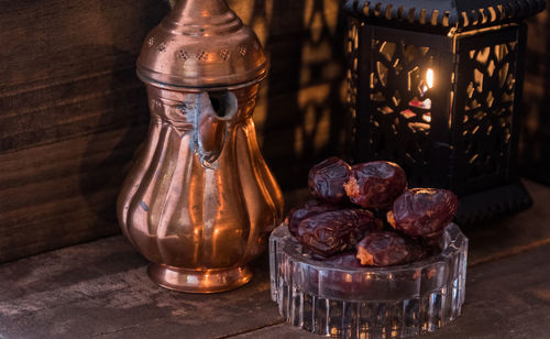 Close-up of drink in glass jar on table