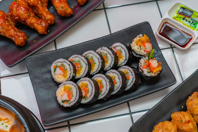 High angle view of sushi in plate on table