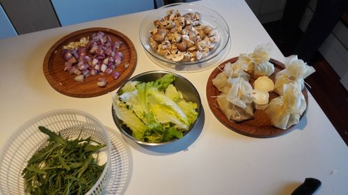 High angle view of meal served on table