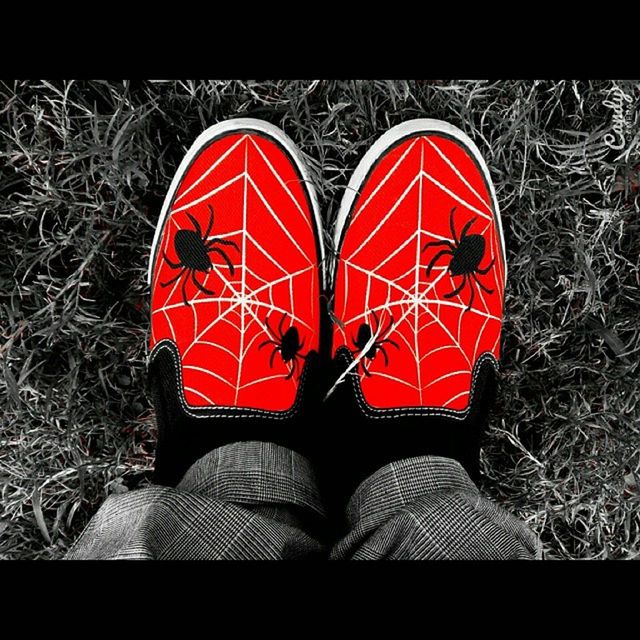 red, shoe, low section, person, grass, standing, auto post production filter, footwear, close-up, field, pattern, outdoors, orange color, transfer print, high angle view, personal perspective, circle