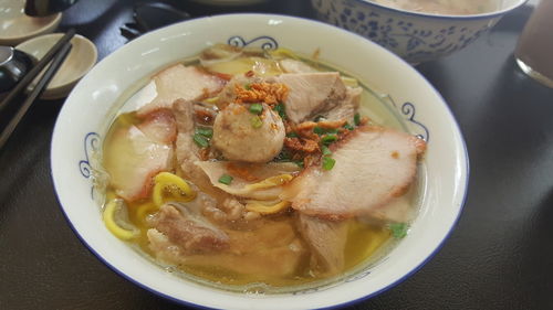 High angle view of soup in bowl on table