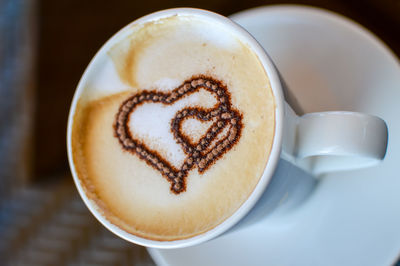 Close-up of heart shape froth in coffee cup