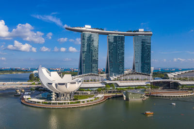 Bridge over river with buildings in background