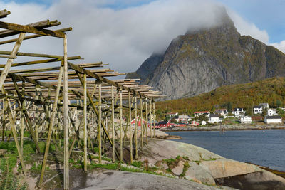 Picturesque landscape on a fishing village with fish drier in reine in lofoten islands, north norway