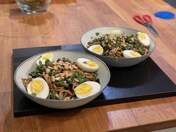 High angle view of meal served on table