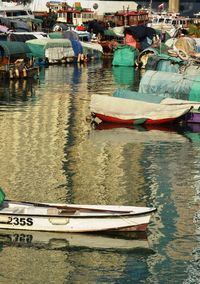 High angle view of boats moored in sea