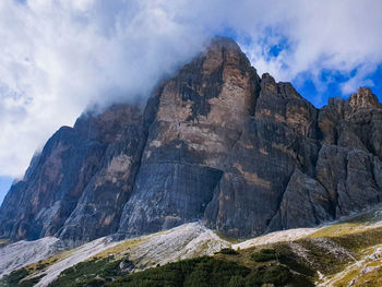 Panoramic view of rocky mountains against partially cloudy sky