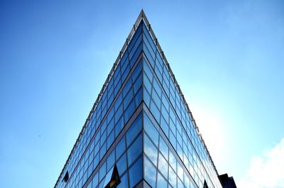 Low angle view of modern building against clear blue sky