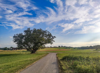 Empty road amidst field against sky