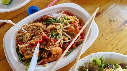 High angle view of food in plate on table