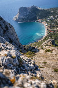 High angle view of sea and rocks